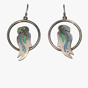 Taxco Mexico Sterling Silver Parrot Inlaid Dangle Earrings